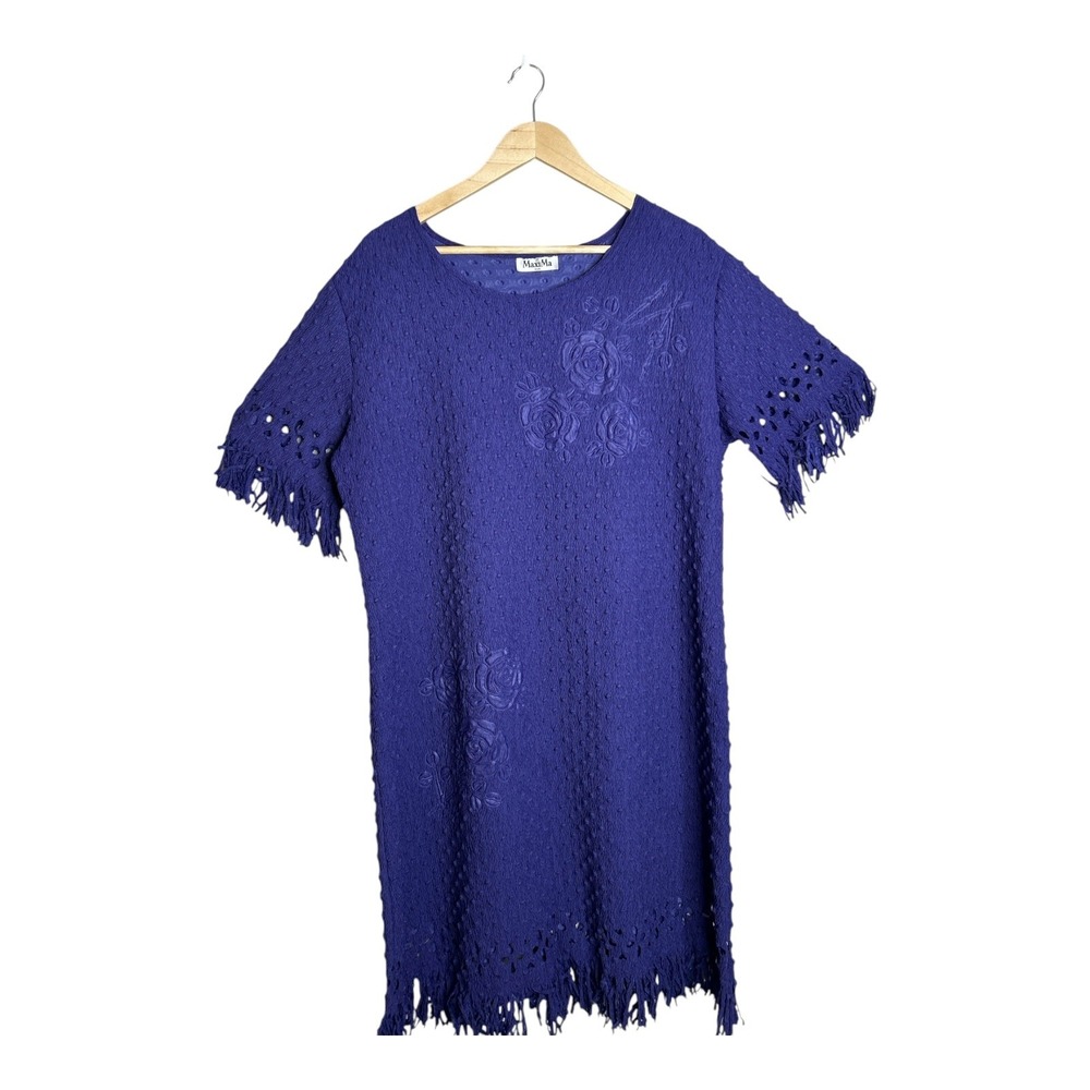 Boho Vintage MaxiMa Purple Shift Dress Floral Embroidery & Fringe 1X